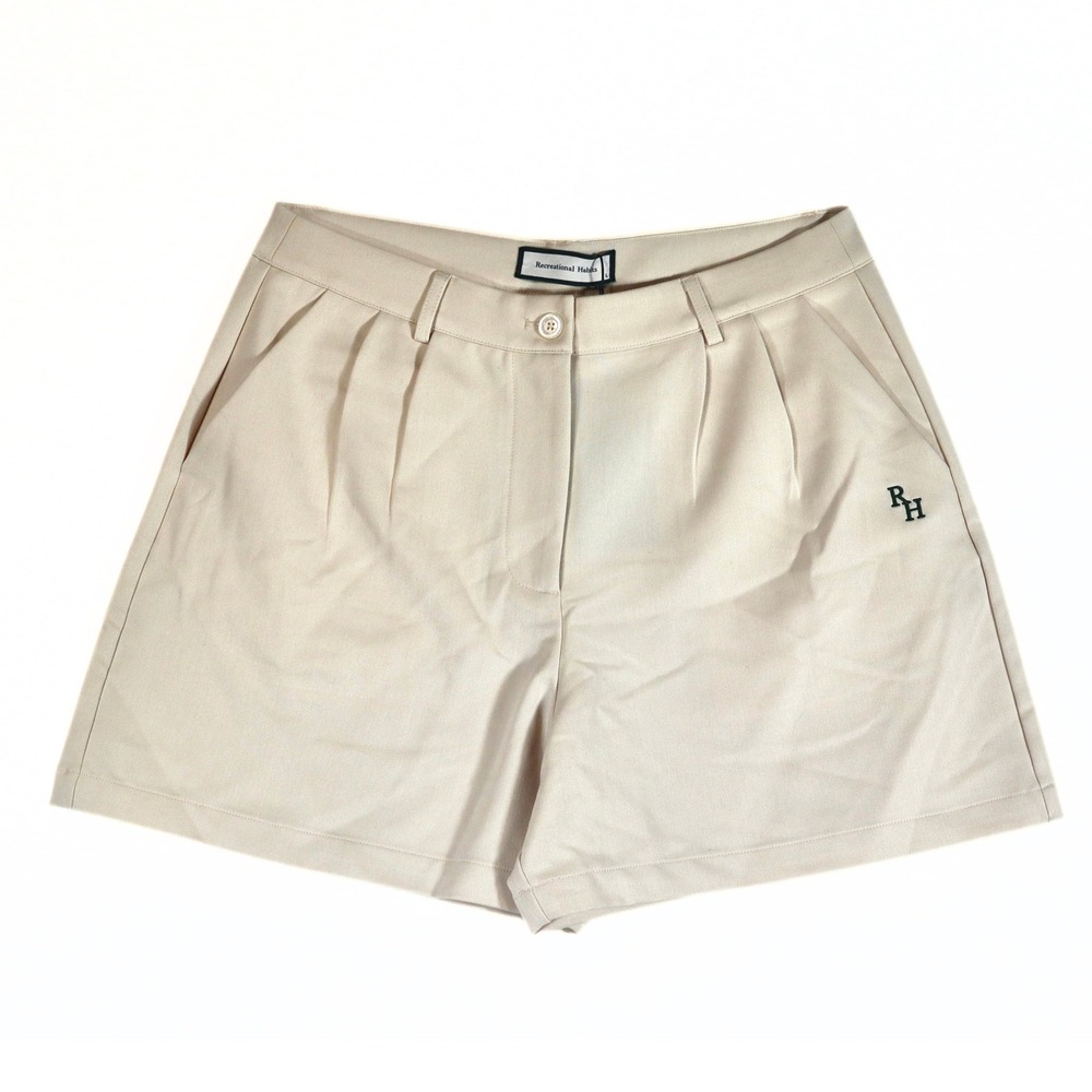 Recreational Habits Pleated Shorts Women L Beige Khaki Preppy Logo Casual Summer